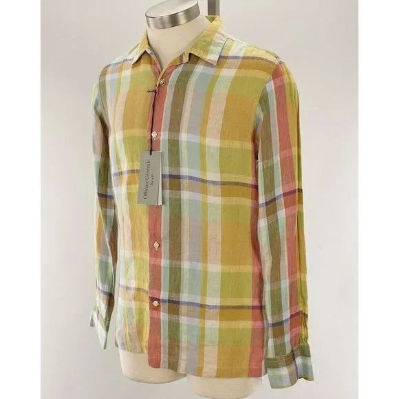 Officine Generale | Shirts | Officine Generale Gold Rose Check Long Sleeve  Linen Button Front Shirt Small Nwt | Poshmark